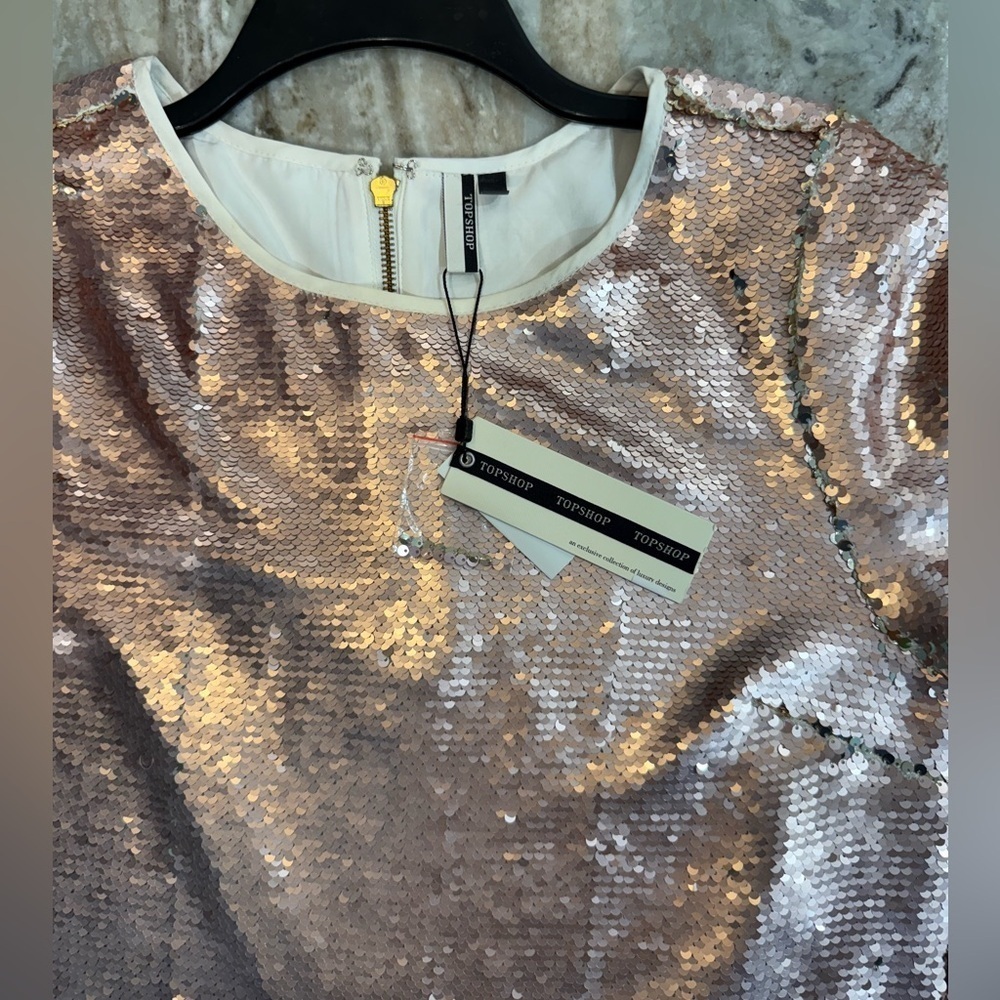 NWT Women’s TOPSHOP Rose gold reversible sequin short sleeve top- Size 6 - Picture 7 of 11